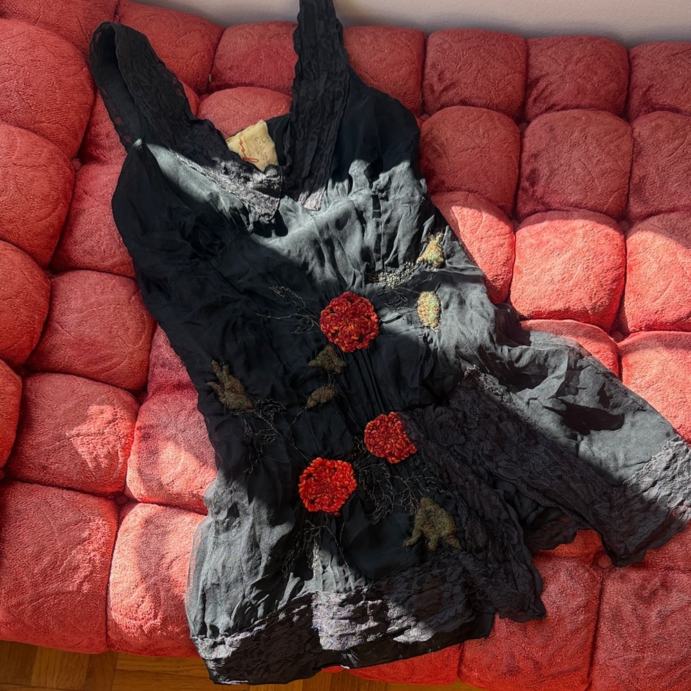 1990s 100% Silk Black Dress with Red Floral Accents